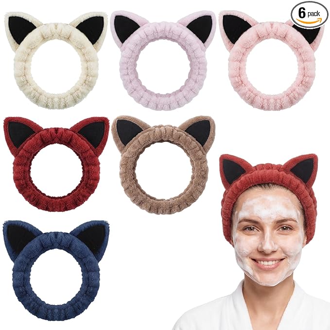 6-Pack Cat Ears Headbands Soft Coral Fleece Hair Band for Face Washing, Makeup, Skincare, Spa, Multi-Color Animal Headbands for Women and Girls Gift