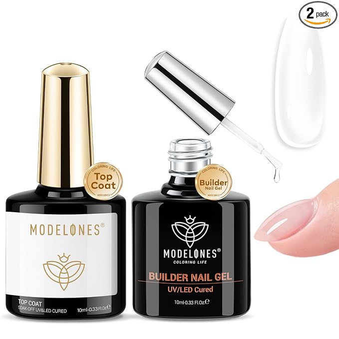 modelones Builder Nail Gel with Gel Top Coat, 8-In-One Clear Builder Acid Free Top Coat for Nail Thickening Apex Building Extension Shine Finish and Long Lasting, LED Lamp Cured 10ml DIY Home Salon