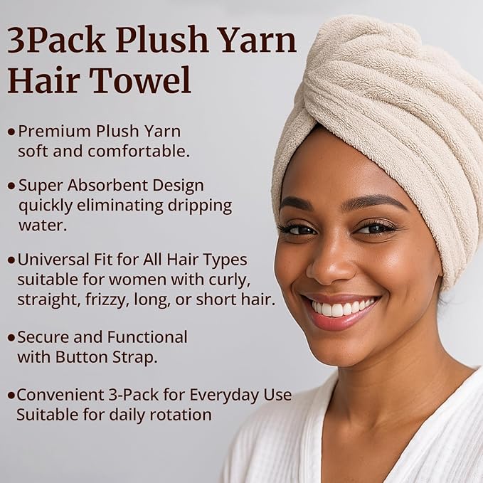 Hair Towel Wrap for Women - 3 Pack Plush Yarn Turbo Twist Hair Towels, Highly Absorbent Turban Towel for Wet Hair, Quick Drying Plopping Towels for Long Thick Curly Hair