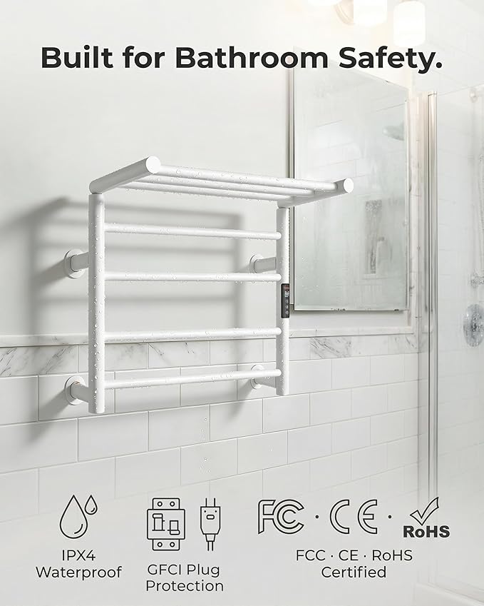 Foldable Heated Towel Rack, Dual-Zone Electric Towel Warmer Rack with Timer, GFCI Plug-in or Hardwired, Wall-Mounted, Drill-Free Installation, Matte White, CA3-700X550-Standard-MW