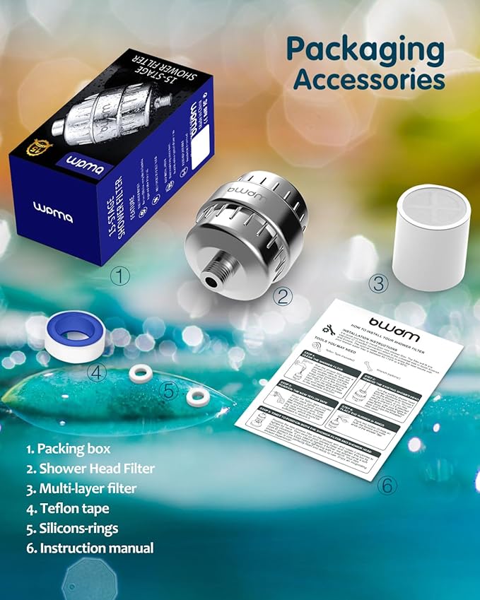 15 Stage Shower Filter - Shower Head Filter - bwdm Hard Water Filter, Remove Chlorine Heavy Metals and other Impurities, Vitamin C Water Softener Reduces Dry Itchy Skin, Dandruff (Chrome)