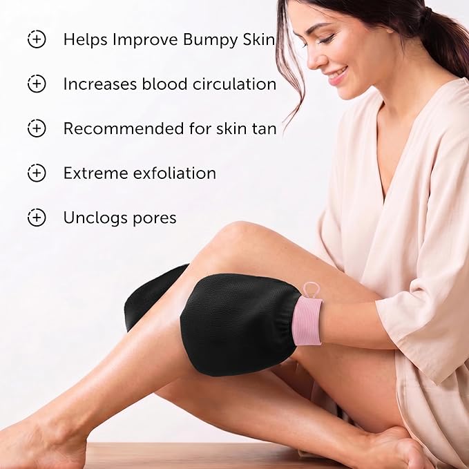Valitic Exfoliating Glove Body Scrubber - Exfoliating Mitt Dead Skin Remover, Shower Face and Body Exfoliator - Korean Style Skin Scrubber Washcloth - Spray and Self Tan Remover, 1 Black with Pink
