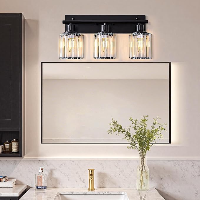 Vanity Light, 3-Light Modern Crystal Black Bathroom Light with 3 E26 Bulbs, Vanity Lights for Bathroom Bedroom Living Room Hallway