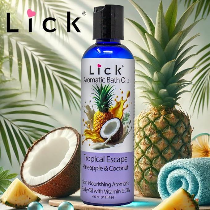 Lick Pineapple and Coconut Aromatic Bath Oil - Tropical Escape Aroma - Soothing Bath Soak Oils, 4 oz