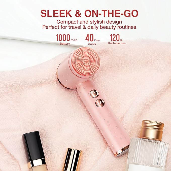 Electric Face Scrubber with Led Display & Facial Cleansing Brush - 6-in-1 Exfoliating Kit, 3 Speeds, IPX6 Waterproof Face Brush for Deep Cleaning, Massage & Gentle Exfoliation-Pink