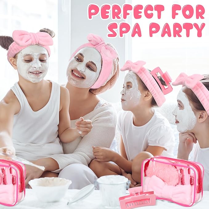 Hoteam 24 Pcs Spa Party Favors Supplies 6 Spa Headband 6 Plush Sleep Eye Mask 6 Hair Claw Clips 6 Clear Cosmetic Bags for Adult Sleepover Slumber Party Graduation Gift(Pink)