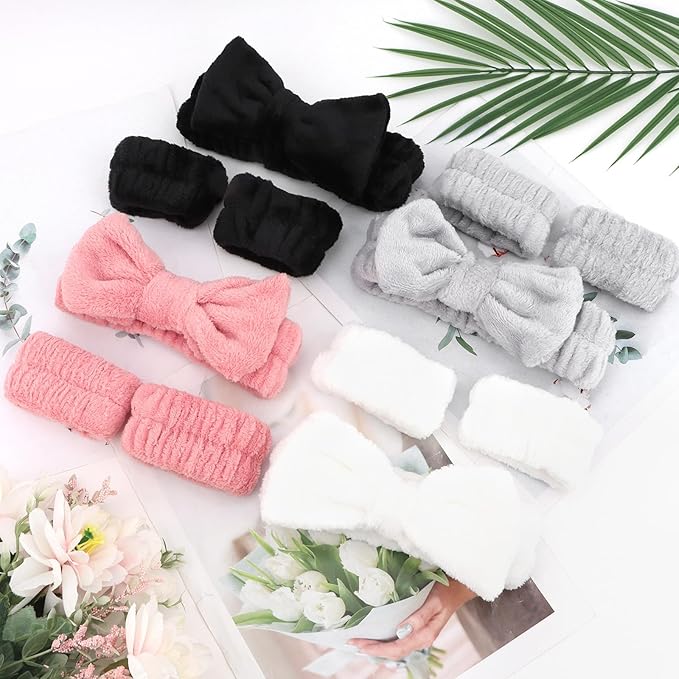 CIEHER 12 PCS Makeup Headband for Women Wrist Washband Scrunchies Cuffs for Washing Face, Soft Bow Hair Band Matching WriMakeup Headband for Women stbands (White, Pink, Grey, Black)