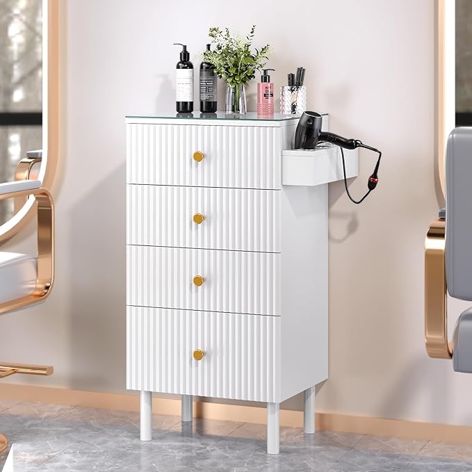OmySalon Salon Station, Barber Station for Stylist, Hair Storage Cabinet with Glass Top & 4 Drawers & 3 Heat Resistant Tool Holders, For Beauty Spa, Salon, White