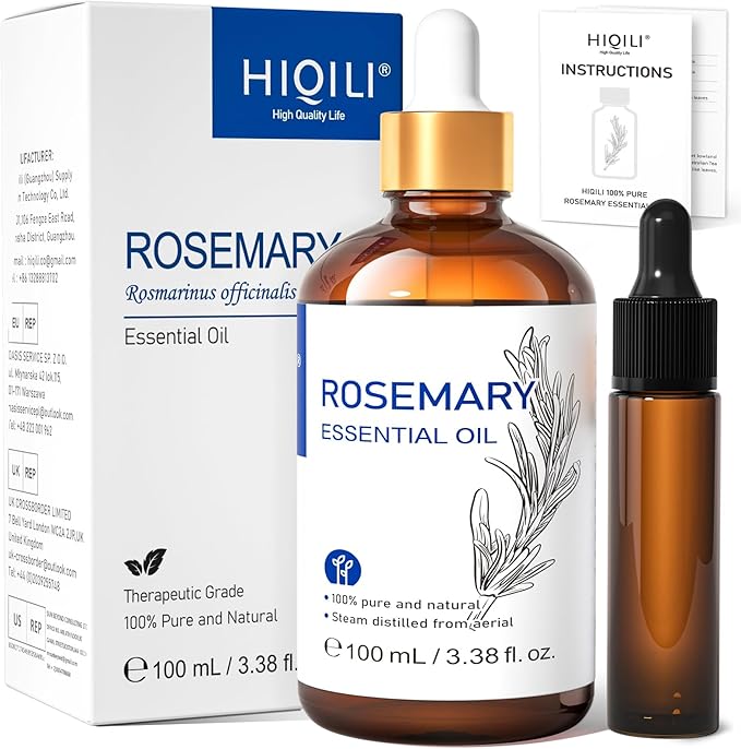 HIQILI Rosemary Essential Oil, 100% Pure & Natural, for Shampoo, Conditioner, Skin & Diffuser - 3.38 Fl Oz