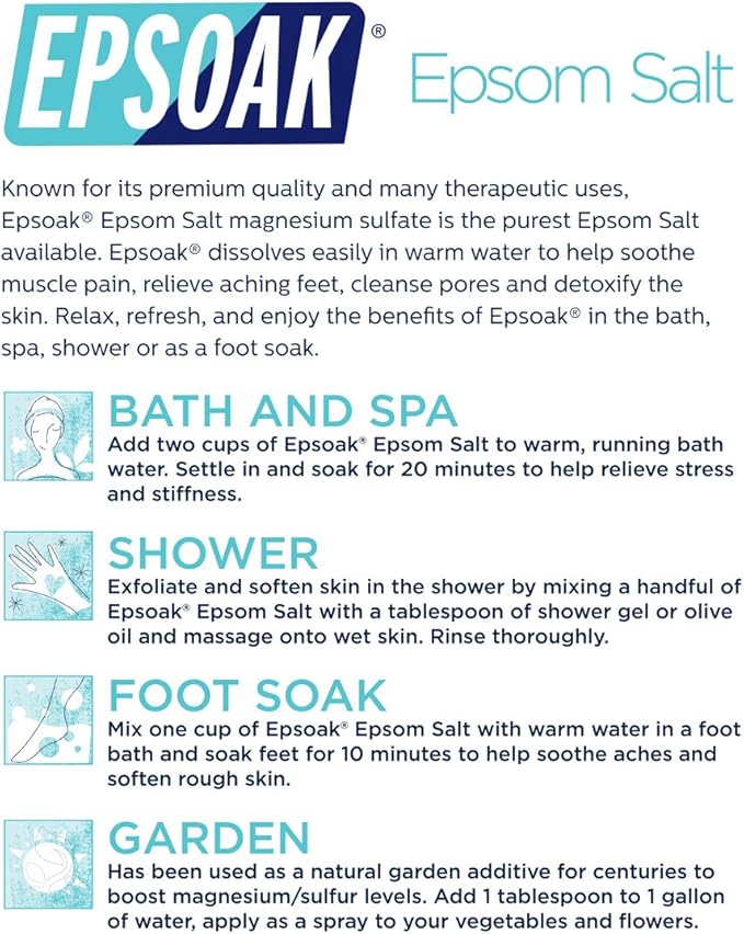 Epsoak Epsom Salt 2 lb. Magnesium Sulfate USP. Resealable Epsom Salt Bag Unscented, Made in The USA, Cruelty-Free Certified