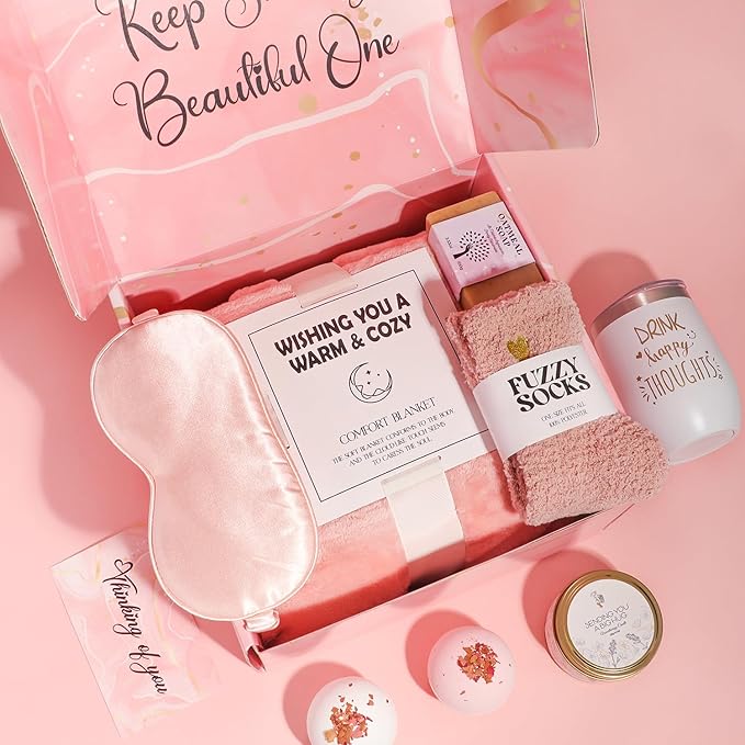 Gifts for Women, Unique Care Package Self Care Gifts for Women with Luxury Flannel Blanket, Relaxing Spa Gift Box, Thinking of You Basket for Her Sister Best Friends