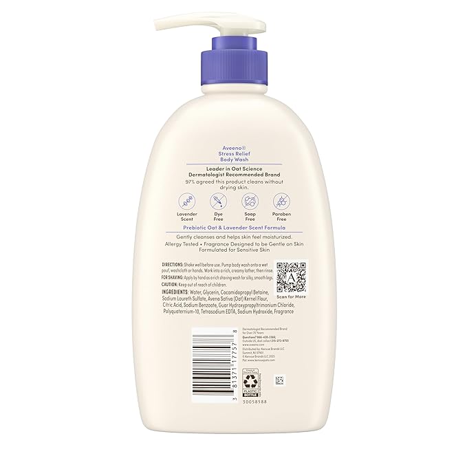 Aveeno Stress Relief Body Wash for Women, Calming Lavender Scent & Prebiotic Oat, Cleanser for Sensitive Dry Skin, Paraben, Dye & Soap-Free, 33 Fl Oz (Pack of 6)