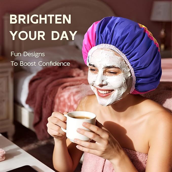Years Calm Waterproof Shower Cap for Women - Double Sided Design for Long Thick Hair, Secure Fit & Flexible Elastic Band, Reusable Bath Cap for Shower, Spa, Travel (Mood Switch 5)