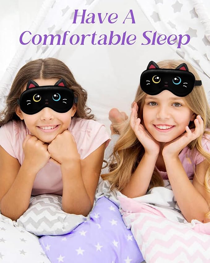 Miss Adola Sleep Mask for Kids - Valentines Gift for Kids Cute Silk Eye Cover for Sleeping Soft Kawaii Eyeshade Animal Eye Blindfold with Adjustable Strap for Girls Teens, Black Cat