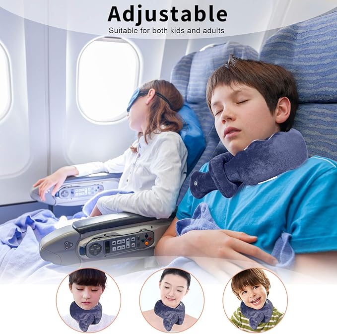 Travel Neck Pillow with Vibration Massage, Battery Operated Adjustable Airplane Neck Pillow for Comfort & Relaxation, Gift for Parents (Blue)