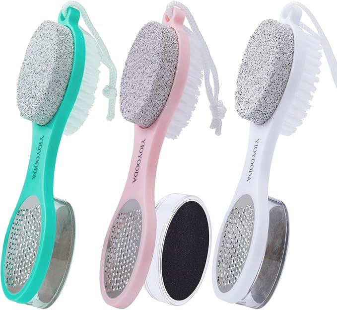 Foot Scrubber Brush with Pumice Stone for Feet 5-in-1, 3Pcs Foot File Callus Remover Pedicure Tool, Stainless Steel Feet Scraper, Cleaning Brush & Sand Paper Debris Catcher, Soft Smooth Feet