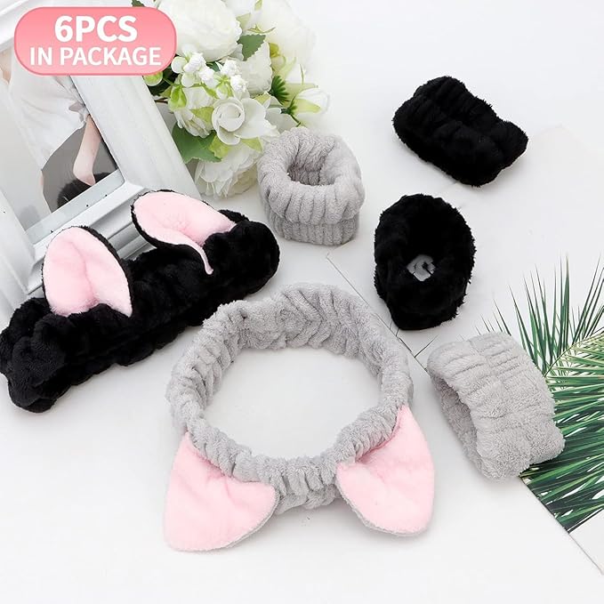 AMCAMI 6 Pcs Spa Set, Cute Make Up Cat Ears Headband Plush Animal Makeup Skincare Headbands with Face Washing Wristband for Women