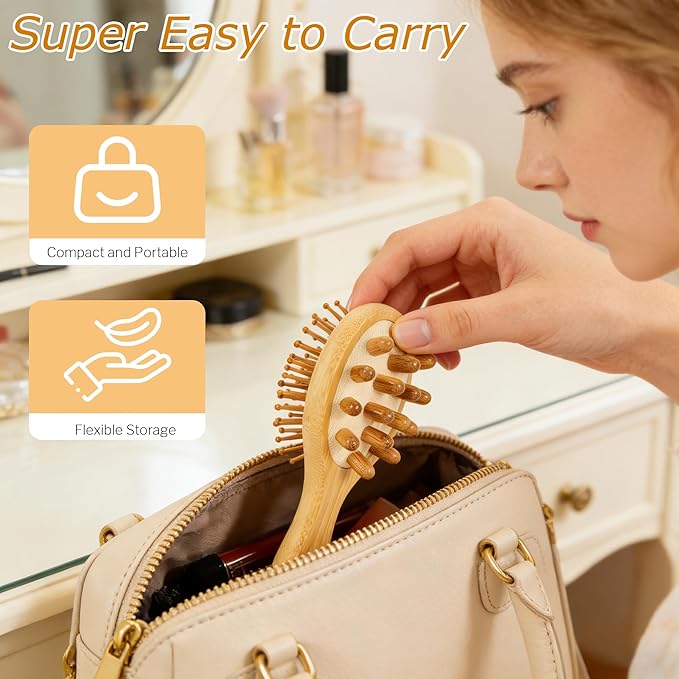 STYLEMATE 2-in-1 Mini Bamboo Hair Brush for Women Kids, Small Scalp Massager Hair Growth, Natural Wooden Detangling Toddler Brush and Massaging Scalp