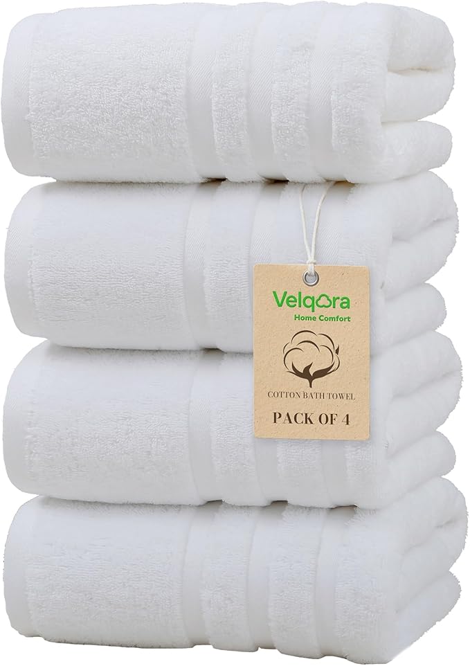 Bath Towels 4 Pack, Large 30 x 60 Inches, 100% Cotton Towels, Soft, Absorbent, Comfortable for Home, Spa, and Gym, (White)