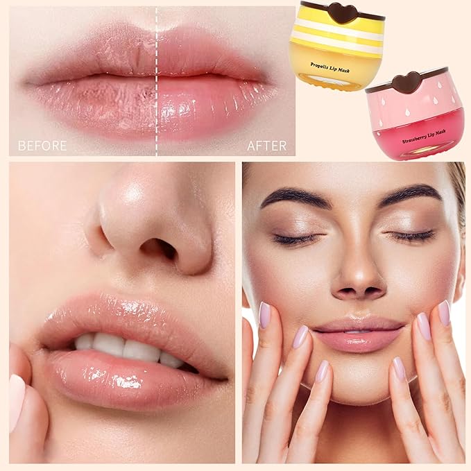 2 PCS Bee Lip Balm Lip Mask Honey Pot, Honey & Strawberry Lip Mask Propolis Moisturizing Lip Balm, Hydrating Prevention Dry & Cracked, Mothers Day Gifts, Teacher Appreciation Gifts, Party Favors
