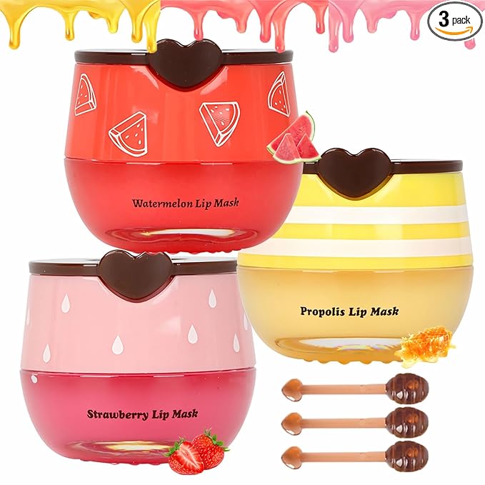 3 PCS Bee Lip Balm Lip Mask Honey Pot, Mothers Day Gifts, Honey & Strawberry & Watermelon Lip Sleeping Mask Overnight Moisturizing Honey Lip Balm, Teacher Appreciation Gifts, Birthday Party Favors