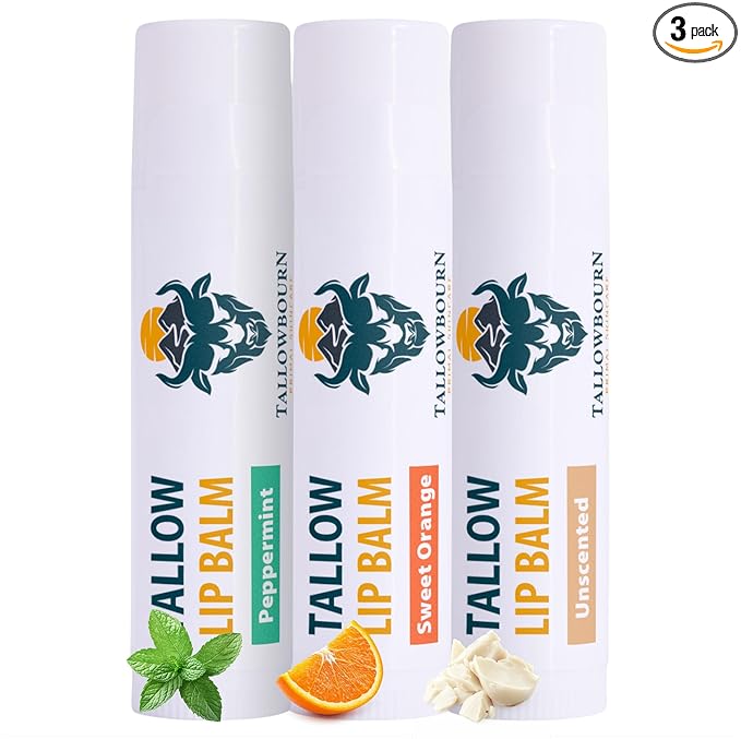 Moisturizing Tallow Lip Balm – Grass-Fed Beef Tallow with Organic Coconut Oil, Beeswax, and Vitamin E – Lip Balm Set – Variety Pack – Travel Essential – 3-Pack