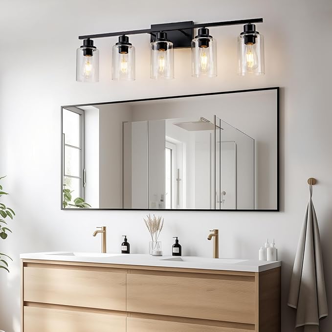 5 Light Bathroom Light Fixtures Black Vanity Light Over Mirror Modern Farmhouse Wall Lighting Sconces Wall Lamp for Bathroom, Bedroom, Living Room E26 Socket with Glass Shade