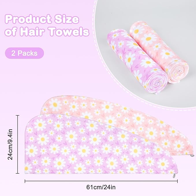 FIOBEE Microfiber Hair Towel Wrap for Kid Rapid Drying Towel Absorbent Hair Turbans for Wet Hair with Button Women Girls Long Curly Hair Pack of 2, Pink/Purple Flowers