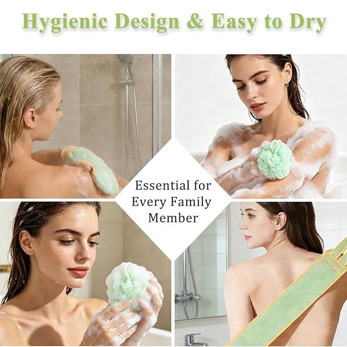 Exfoliating Glove and Back Scrubber for Shower - 3-Piece Exfoliating Mitt Set with Bath Sponge - Deep Skin Cleansing Body Scrubber for Dead Skin Removal, Self-Tan (Green)