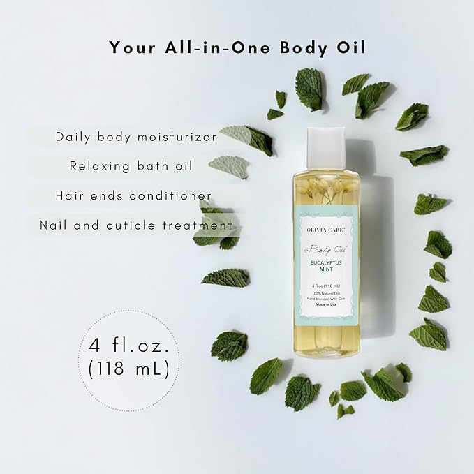 Olivia Care Body Oil Eucalyptus Mint Vegan & Natural | Hydrating & Moisturizing - Infused with VITAMIN E, K & Omega Fatty Acids - Refreshing Fragrance - (Eucalyptus Mint)
