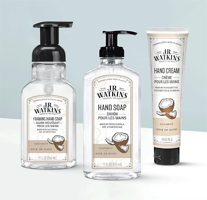 J.R. Watkins Natural Moisturizing Hand Cream, Hydrating Hand Moisturizer with Shea Butter, Cocoa Butter, and Avocado Oil, USA Made and Cruelty Free, 3.3oz, Coconut, Single
