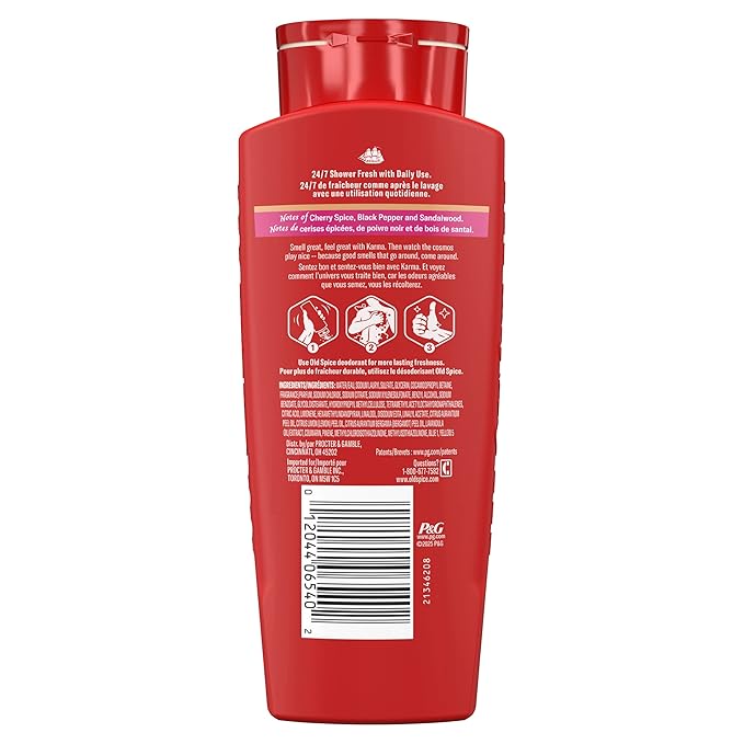 Old Spice Body Wash for Men, 24/7 Shower Fresh & Clean w/Daily Use, Lasting Signature Scent, Refreshing Lather, Moisturizing Formula, Karma with Cherry Spice, Black Pepper, & Sandalwood Scent, 24 oz
