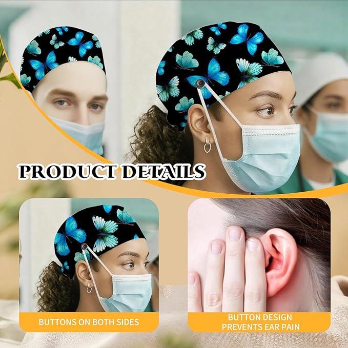 Adjustable Scrub Cap with Buttons & Sweatband, Working Hat with Elastic Tie Back, Unisex Nurse Surgical Caps for Women & Men