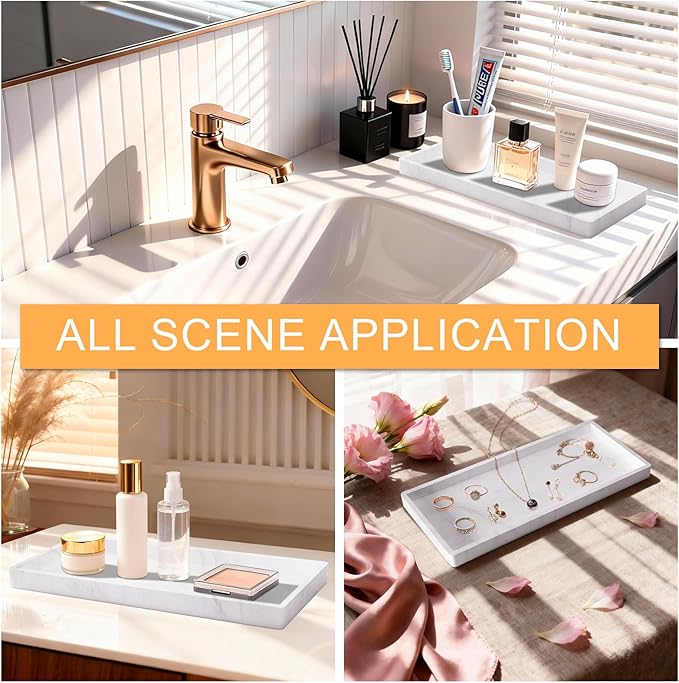 Silicone Bathroom Vanity Tray, 7.8 x 3.9 Inch Perfume Trays for Dresser, Soft Organizer Tray for Makeup, Jewelry, Rings, Non-Slip, Waterproof Small Tray for Bathroom Counter, Marble White