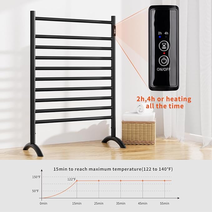 Freestanding Towel Warmer 10 Bars Plug-in Option 3 Working Modes Black Stainless Steel 24" W 34" H