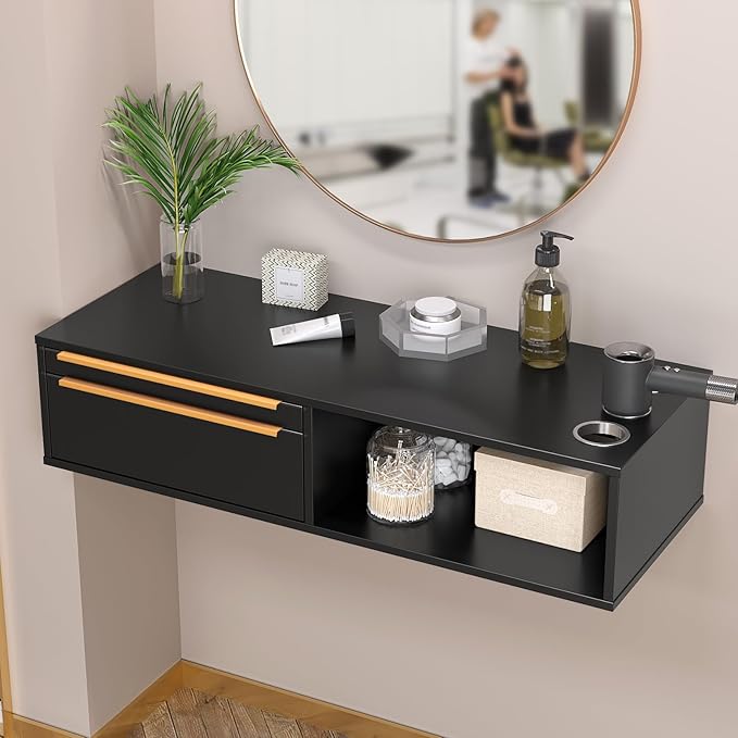 OmySalon Wall Mount Salon Station, Hair Stylist Cabinet with 3 Heat Resistant Dryer Holders, 2 Drawers & Open Shelf, Storage Organizer for Barbershop, Beauty SPA, Bathroom, Black Gold