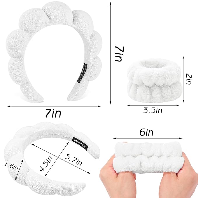 Zkptops 6Pcs Spa Headband for Washing Face Wristbands Set Women Bubble Makeup Sponge Terry Cloth Padded Puffy Skincare Headband Bow Tie Hairband Cute Non Slip Thick Hair Accessory Gifts (White)