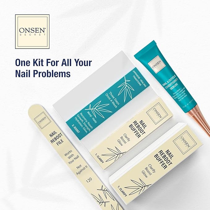 Onsen Secret Nail Care Kit - w/Cuticle Care Serum, Japanese Nail Buffer and Shine Kit - Strengthening & Shining - Spa-Quality Manicure - Organic Ingredients - Long-Lasting Shine - Easy & Safe - 1pk