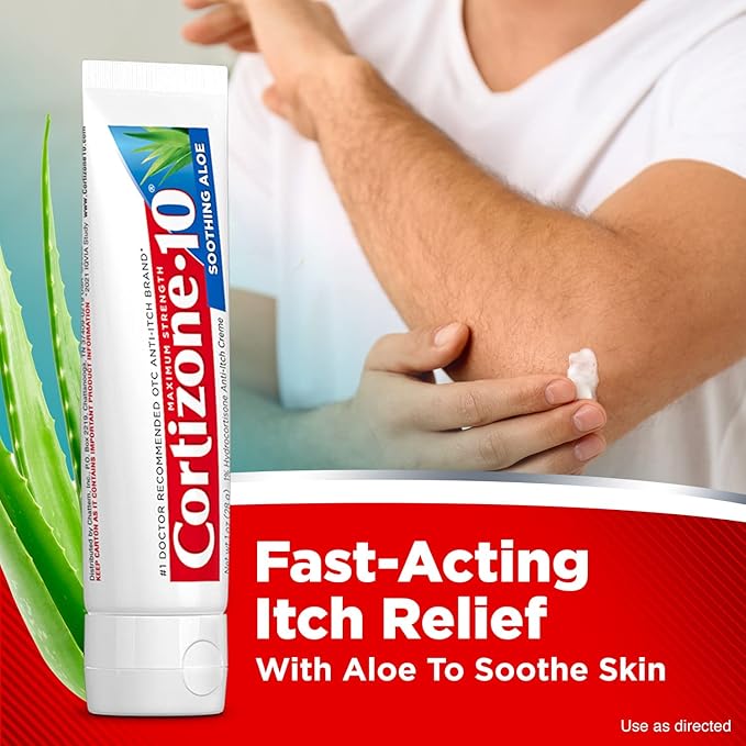 Cortizone-10 Maximum Strength Soothing Aloe Itch Relief Cream, 1% Hydrocortisone, Fast-Acting, Anti-Itch Cream for Bug Bites, Rash, Eczema, Psoriasis, Poison Ivy, Oak, Sumac & More, 2 oz (Pack of 2)