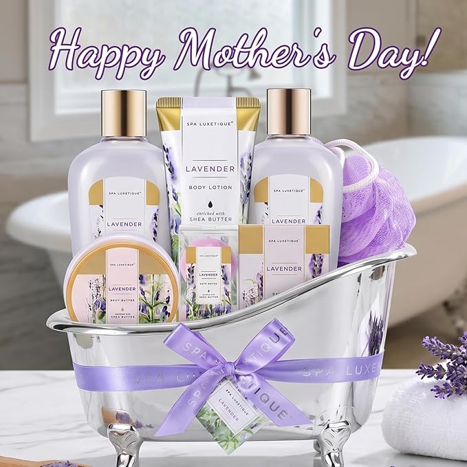 spa luxetique Spa Gifts for Women, Gift Basket, 8 Pcs Lavender Bath Sets with Bubble Bath, Lotion Sets, Birthday Anniversary Gifts for Her, Self Care Kit, Mothers Day Gift for Mom