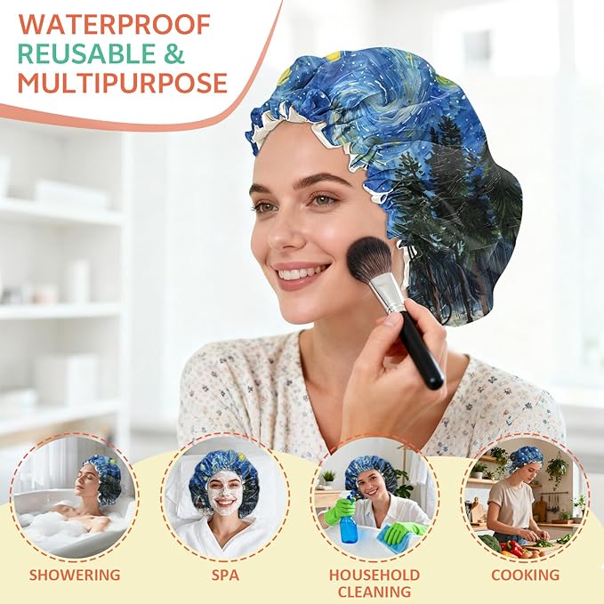 Shower Cap Reusable Double Layer Adjustable Elastic Waterproof EVA Hair Bath Caps for Women Girls Cute Aesthetic-Starry Night