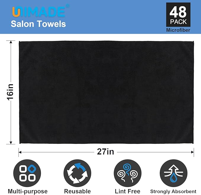UNIMADE 48 Pack Salon Towels - Highly Absorbent and Quick Drying Hand Towels, Premium Wash Cloths for Bathroom, Gym, Shower, Hotel, and Spa - 16x27 inch (Black)
