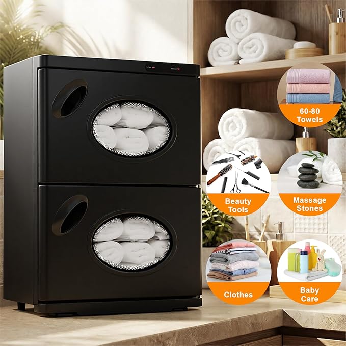 46L Hot Towel Warmer, Large Capacity Spa Towel Warmer with Double Cabinets, Professional Towel Warmer Cabinet with Clip & 4 Racks for Salon, Barber Shop, Massage, Facial