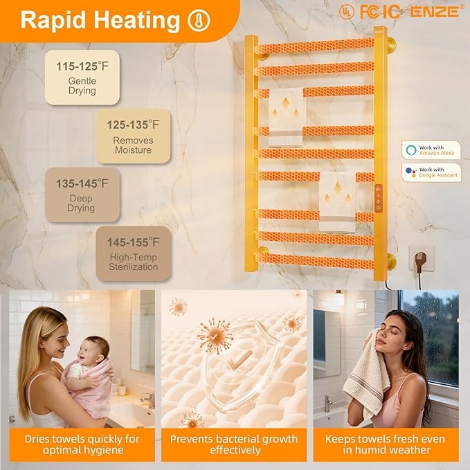 ENZE Smart Heated Towel Rack, 9-Bar Wall-Mounted Electric Towel Warmer 230W, Wi-Fi App Control & LED Touch Screen, Adjustable Temperature & 24H Timer, IPX5, Plug-in/Hardwired, Gold, Low Carbon Steel