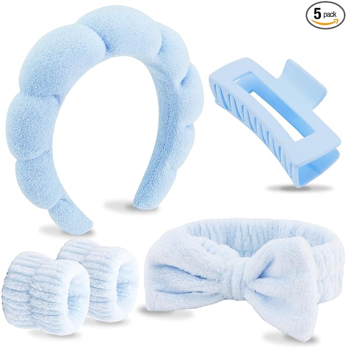 VELSCRUN Spa Headbands for Wash Face, Makeup Headband, Facial Skincare Headbands, 5 Pcs Blue Puffy Sponge Spa Headband Bow Tie Hair Band Hair Clips Wristband Set Women Girls Accessories