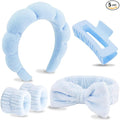 VELSCRUN Spa Headbands for Wash Face, Makeup Headband, Facial Skincare Headbands, 5 Pcs Blue Puffy Sponge Spa Headband Bow Tie Hair Band Hair Clips Wristband Set Women Girls Accessories