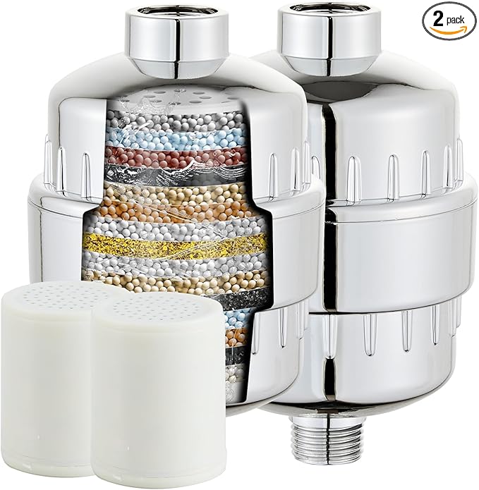 2 Pack Shower Filter for Hard Water, High Output Filtration Removes Chlorine, Fluoride, Heavy Metals & Odor, Universal Shower Head Filter System for Skin & Hair Care, Chrome Finish