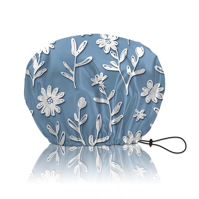 Shower Cap Reusable Double Layer Adjustable Elastic Waterproof EVA Hair Bath Caps for Women Girls Cute Aesthetic-White Flower