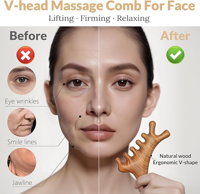 4 in 1 Gua Sha Tool for Face & V Line Lifting Mask, 2Pcs: Natural Green Sandalwood Massage Comb for Body Neck Eye & Green Chin Strap for Sleeping, Scalp Massage, Jaw Lifting, Skin Care Gift for Women