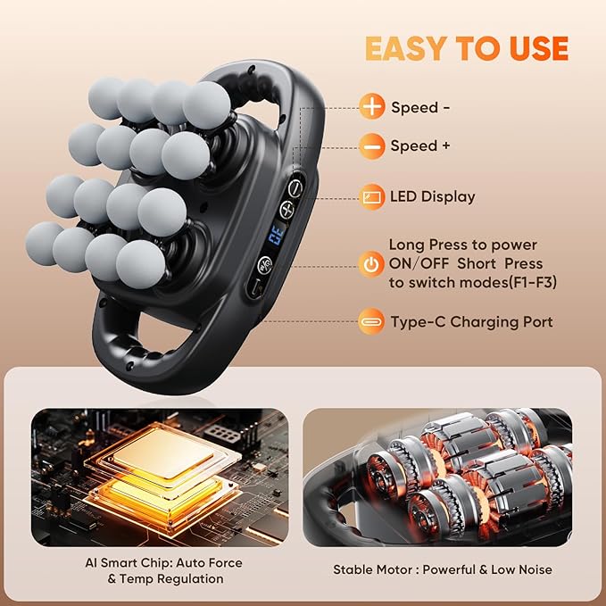 HOTU Massage Gun Deep Tissue, 16-Head Back Massager for Body Muscle Pain Relief, 3 Modes & 30 Intensities Portable Electric Quiet Multi Mini Handheld Percussion Massagers Leg/Waist/Shoulder/Hip/Foot